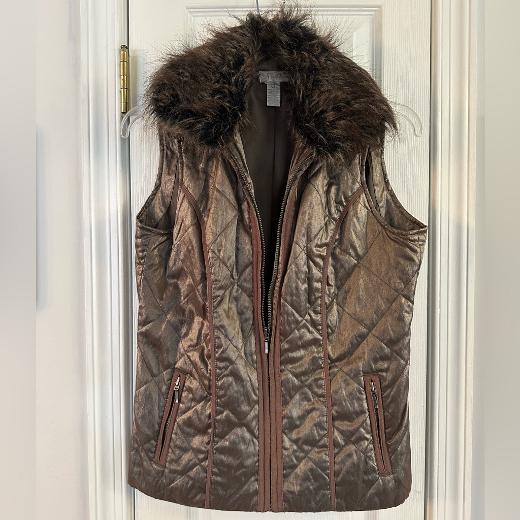 Chico's Shimmering Brown Vest With Faux Fur Trim